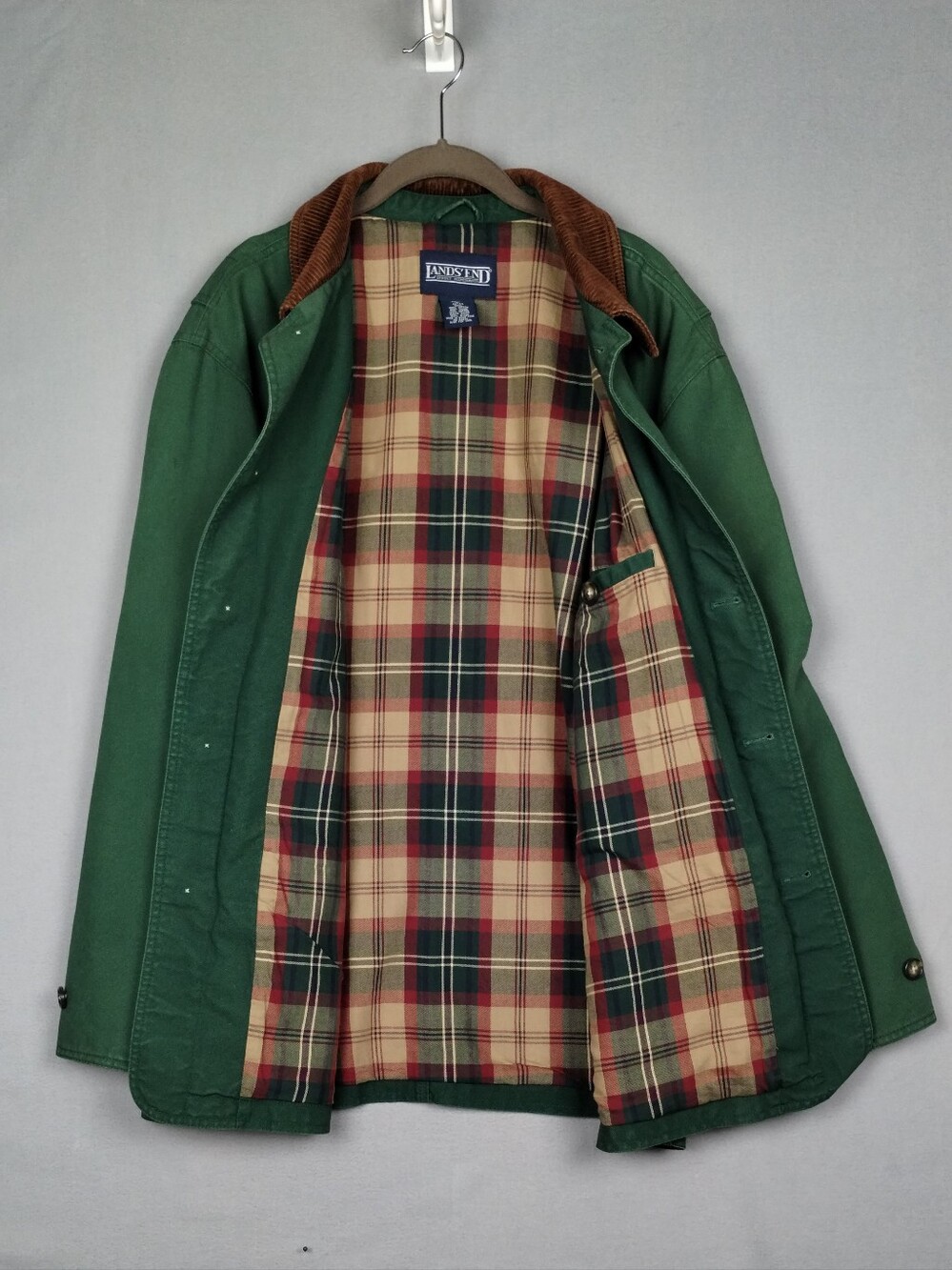 Lands' End Green Barn Jacket Chore Coat with Brown Corduroy Collar - Picture 2 of 16